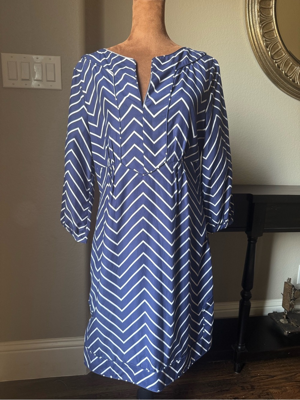 Elizabeth McKay Silk Cotton Chevron Dress Sz 8 NWOT Lined French Seams Piping